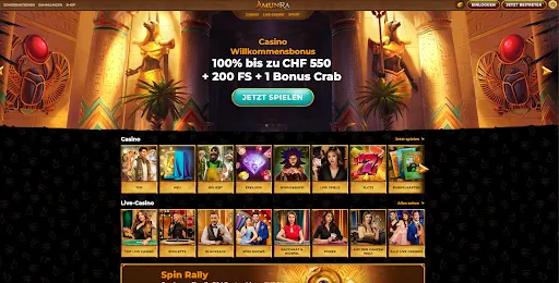 AmunRa – Jetzt 100 % Bonus bis zu CHF 550 + 200 Freispiele sichern Startseite des AmunRa mit ägyptischem Design, Willkommensbonus und Spielkategorien