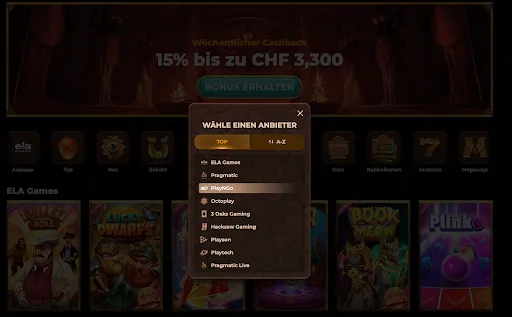 Anbieterwahl im Wild Robin Casino – Spiele von PlayNGo, Pragmatic, Hacksaw u. v. m. Auswahlmenü für Spielanbieter im Wild Robin Casino mit hervorgehobener Option „PlayNGo“